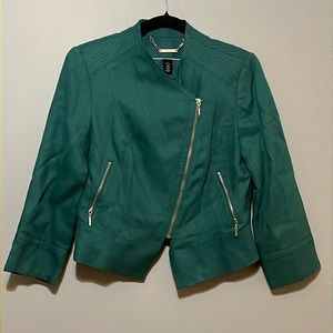 WHBM | Green moto blazer jacket w/Silver zippers. Size 6 crop linen blend